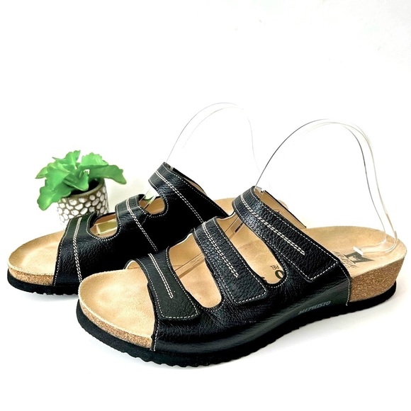 Mephisto Three Strap Slide Sandals Black Leather Low Wedge Velcro Open Toe 42 - Picture 5 of 9